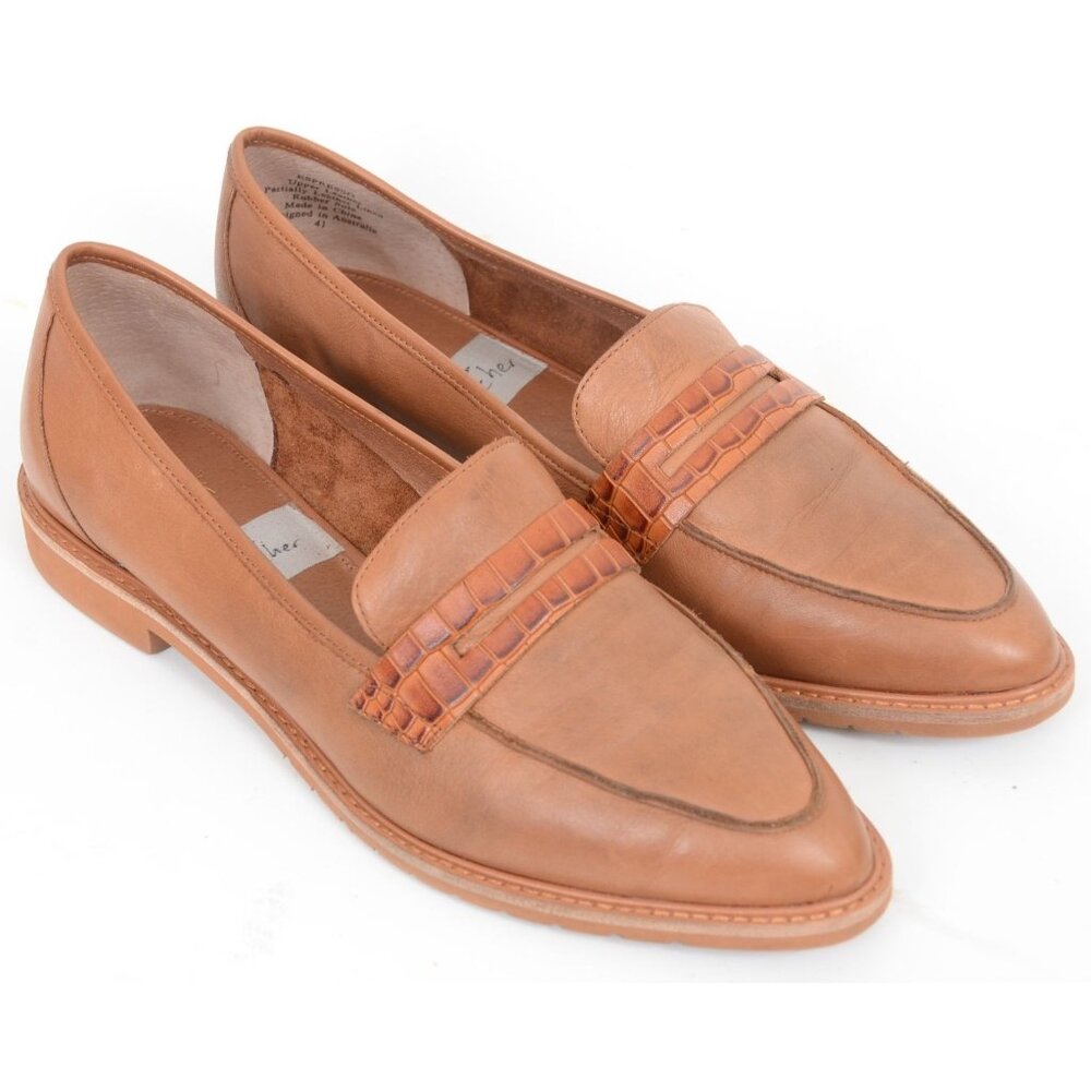 Wittner Espresso‎ Tan Leather Almond Toe Loafer Croc-embossed Academia Preppy 10